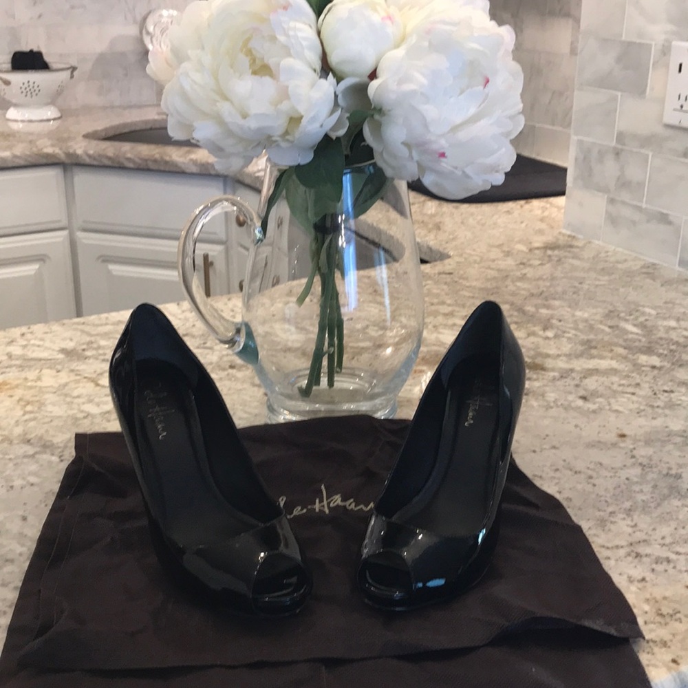 Black patent peep toe heels